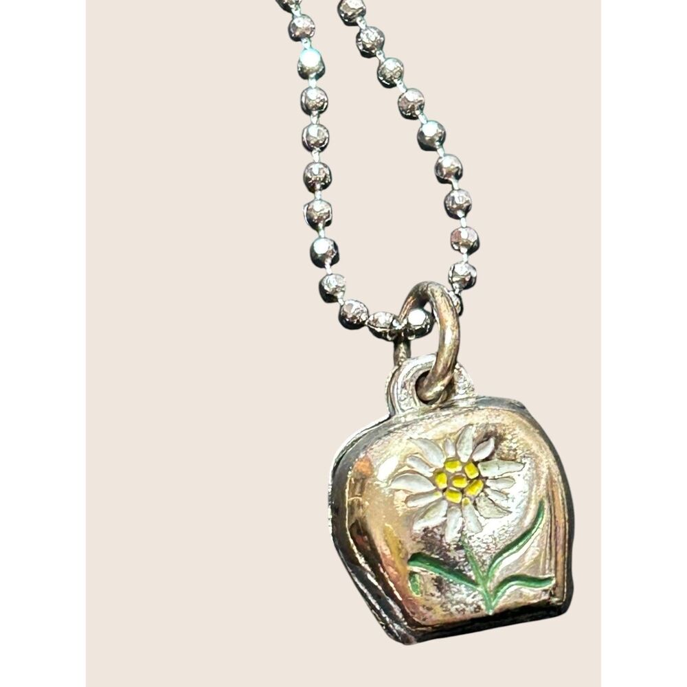 🌼 VTG COWBELL FLOWER EDELWEISS ENAMEL SWISS ALPINE STERLING SOUVENIR CHARM